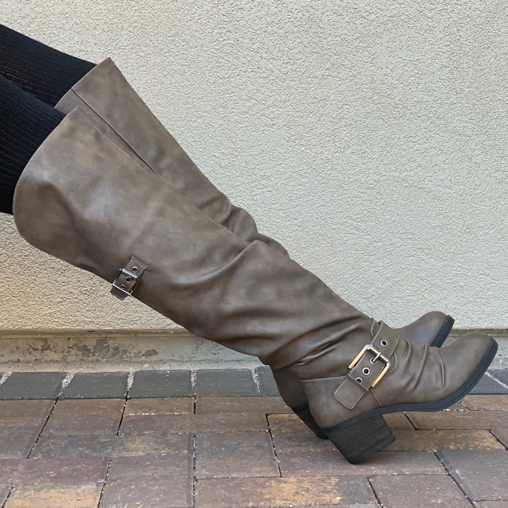 NIB Taupe Over The Knee Ruched Buckle Riding Boots - Picture 7 of 8
